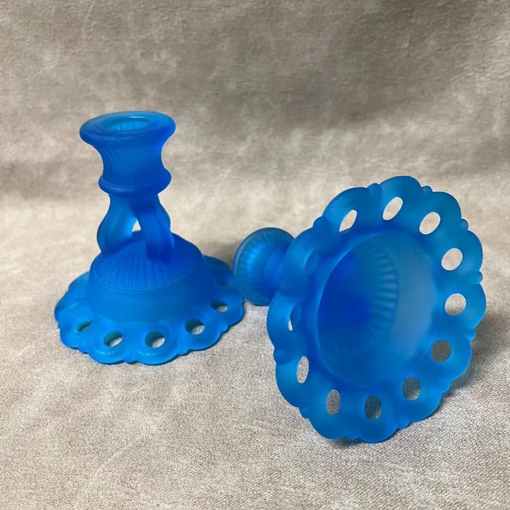 1960s Mid-Century Westmoreland Art Glass Candle Holders in Blue Satin Mist, Dori